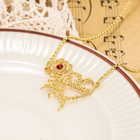 Custom Rose Heart Name Necklace – Personalized Gold Floral Pendant for Women